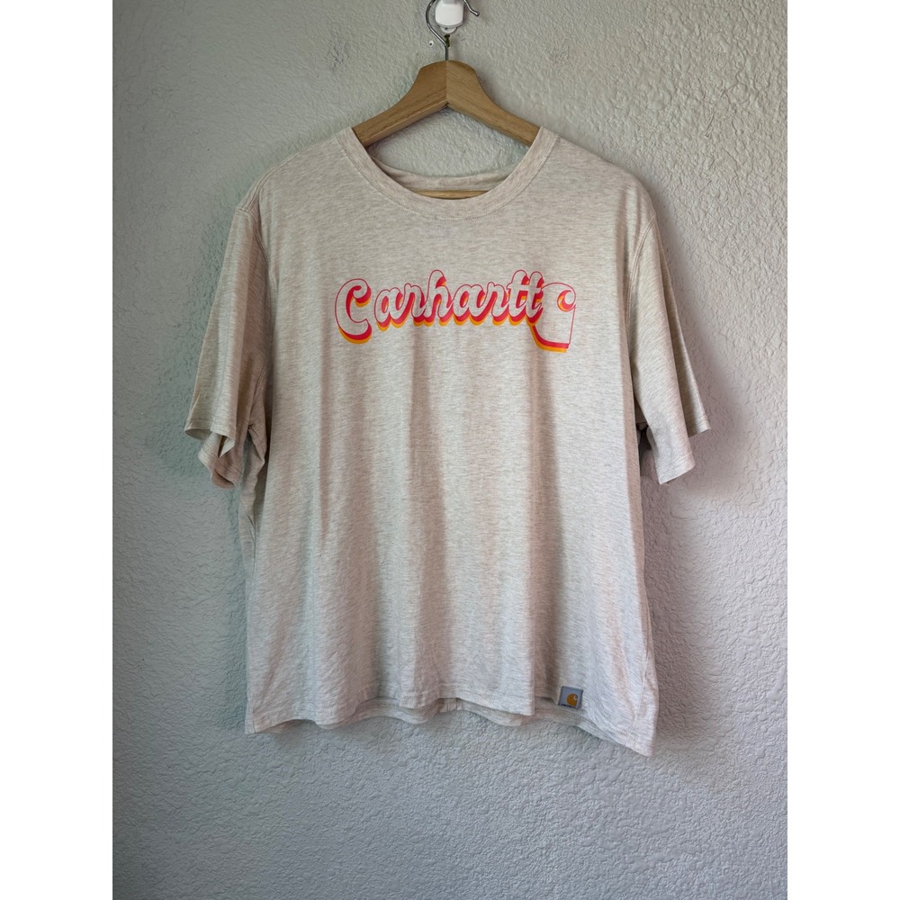 Carhartt Womens Loose Fit Graphic T-Shirt Oatmeal Beige Retro Logo L